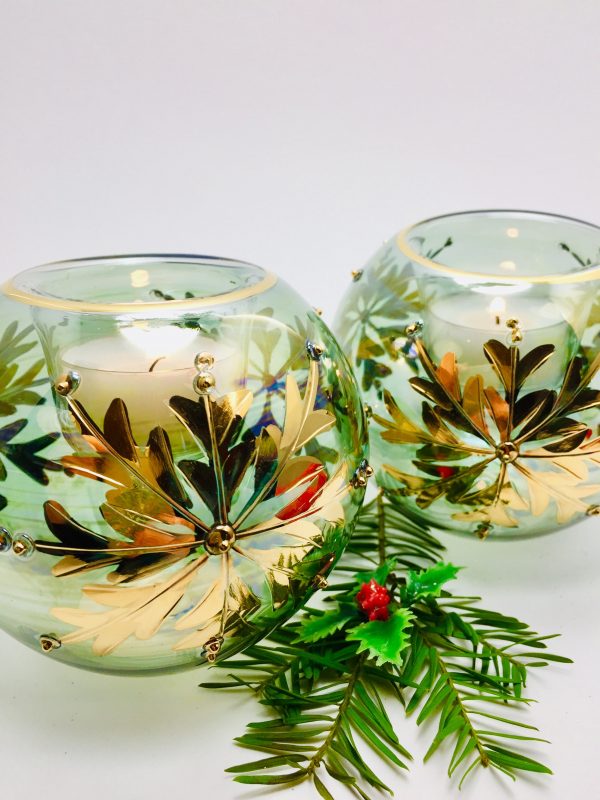 Candle Snowflake Dot - Green/Gold (Pair)