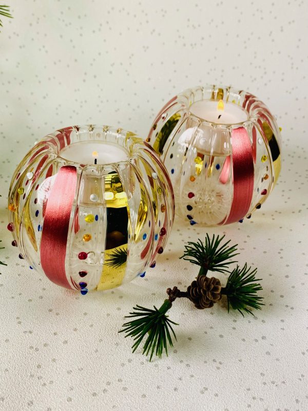 Ribbon Tealights Pair (L) ~ Rose Red