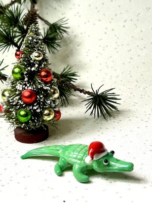 Solid Glass Christmas Crocodile Figurine (S) ~ Green