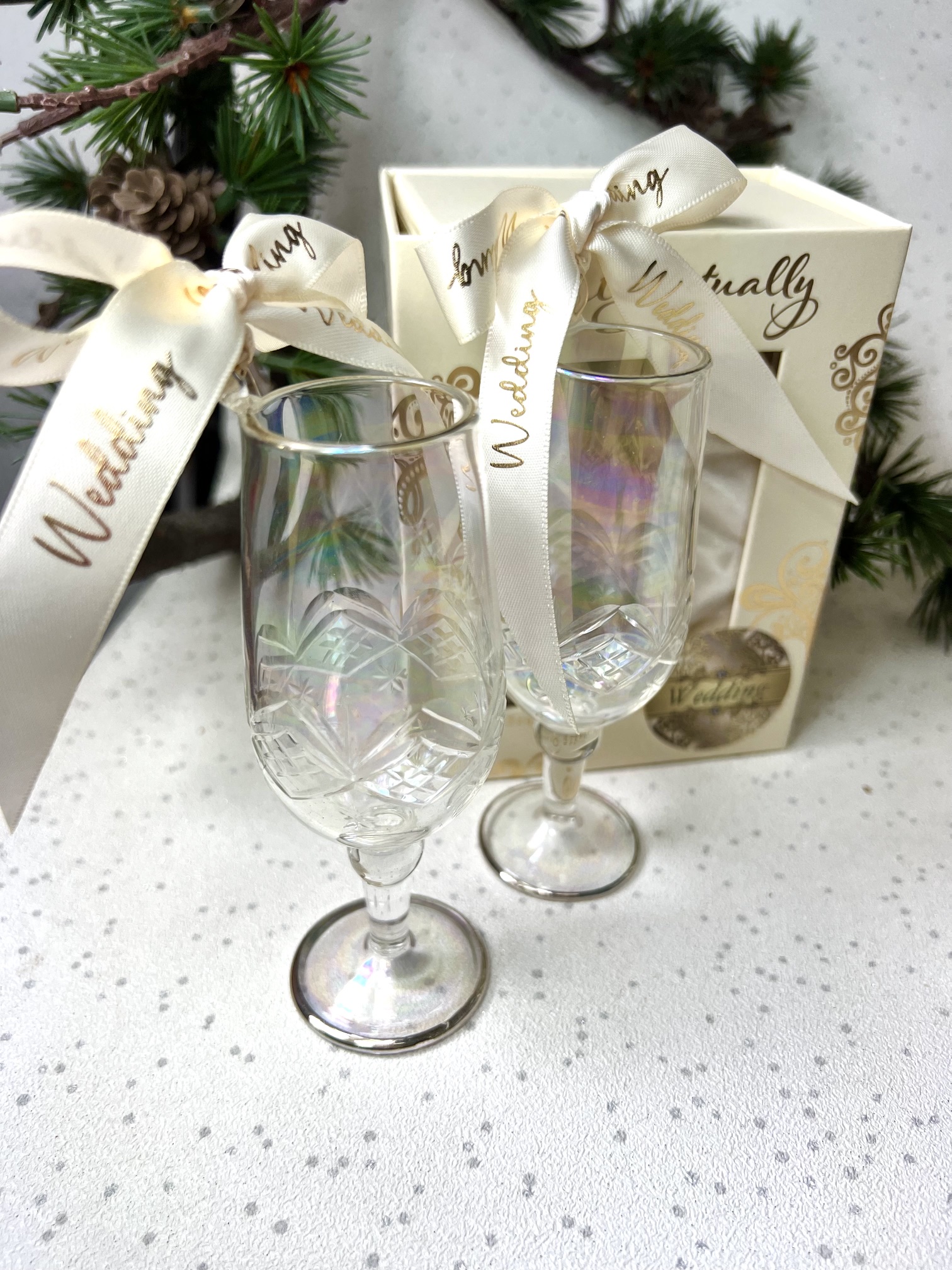 Wedding Champagne Glasses (Pair) ~ Clear/Silver