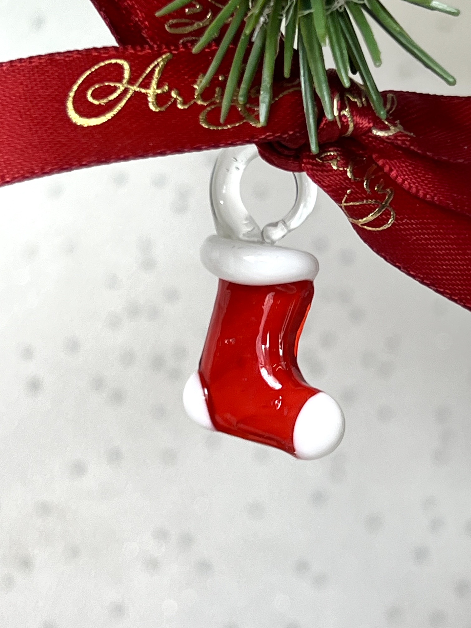 Mini Glass Xmas Stocking ~ Red/White