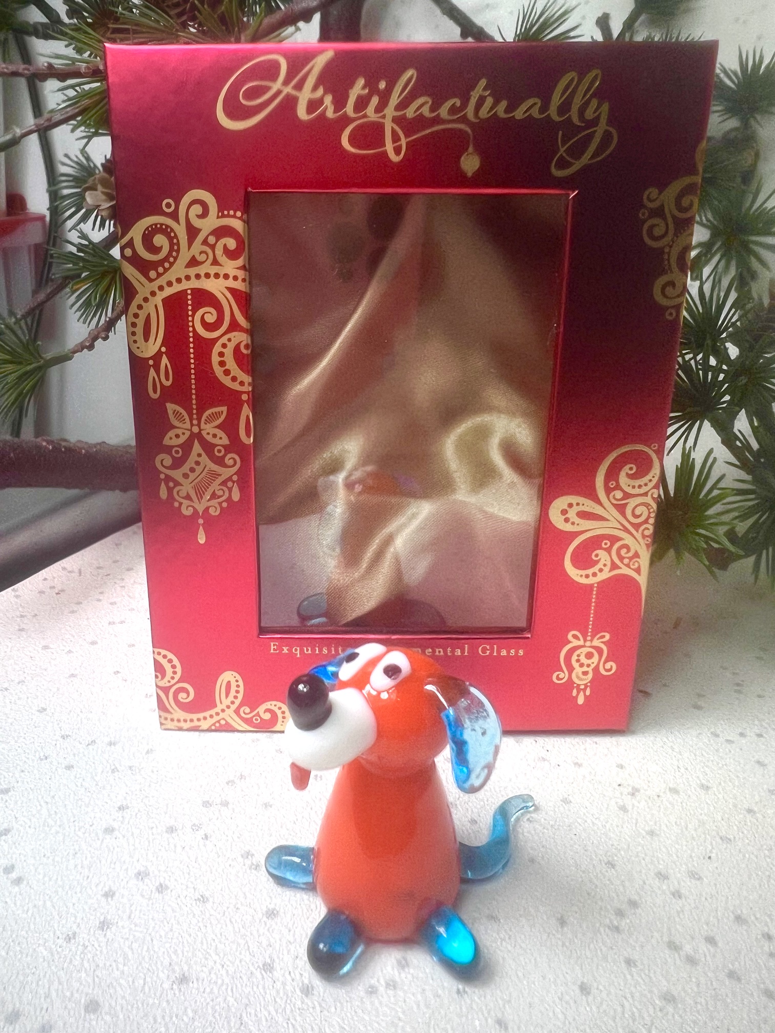 Solid Glass Doggy Figurine (S) ~ Orange/Blue