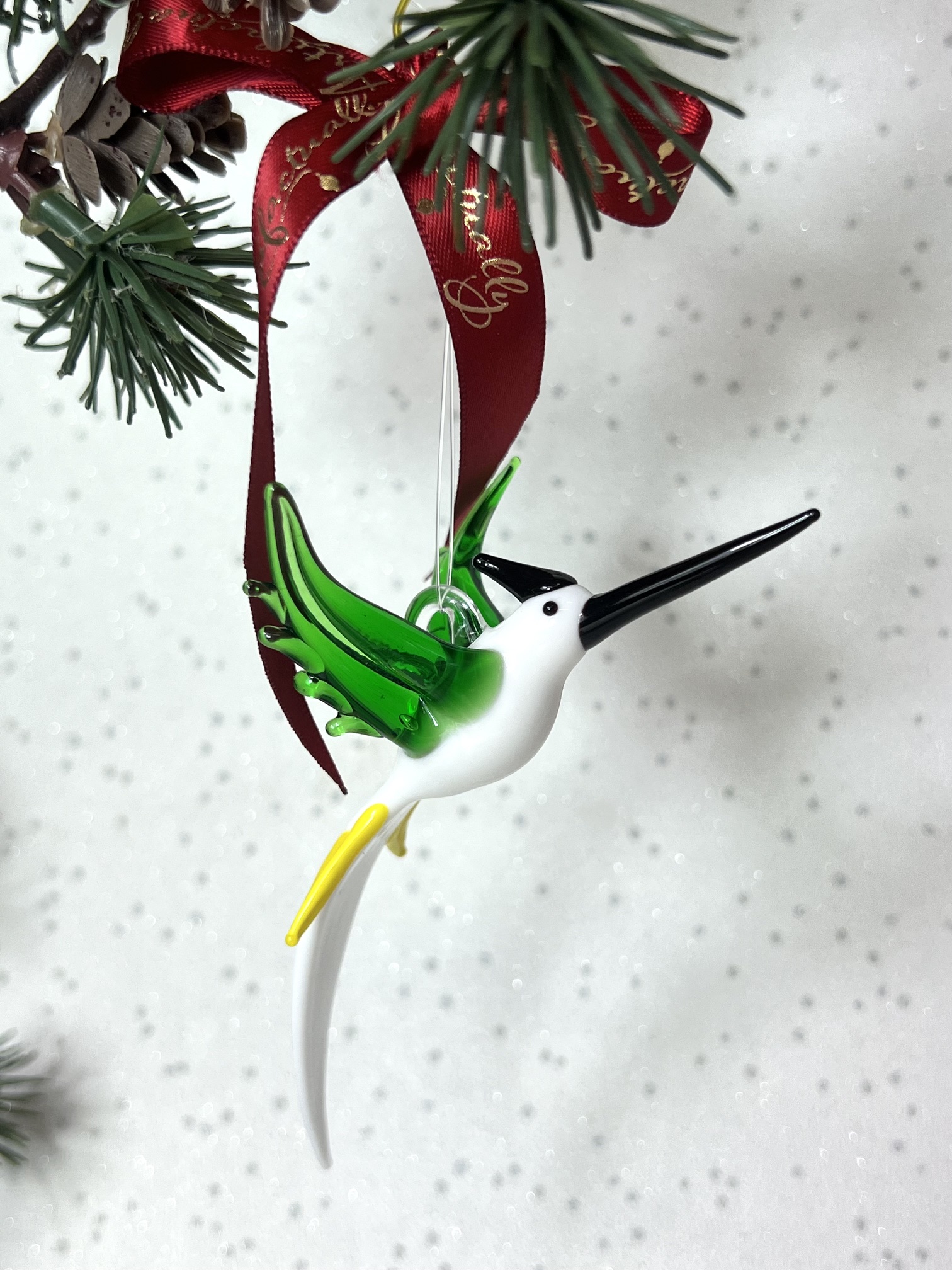 Solid Glass Bird Ornament (S/M) – White/Green