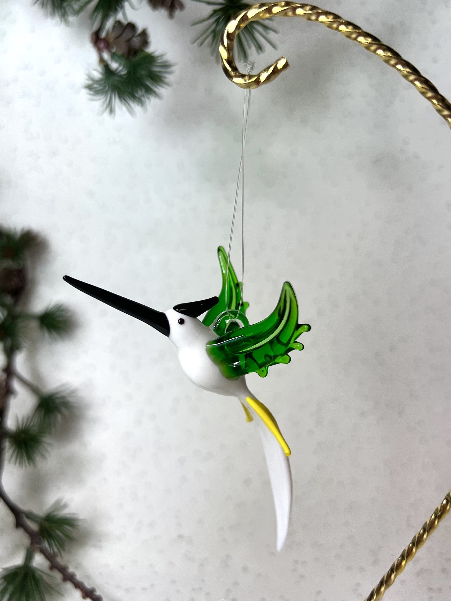 Solid Glass Bird Ornament (S/M) – White/Green - Image 5