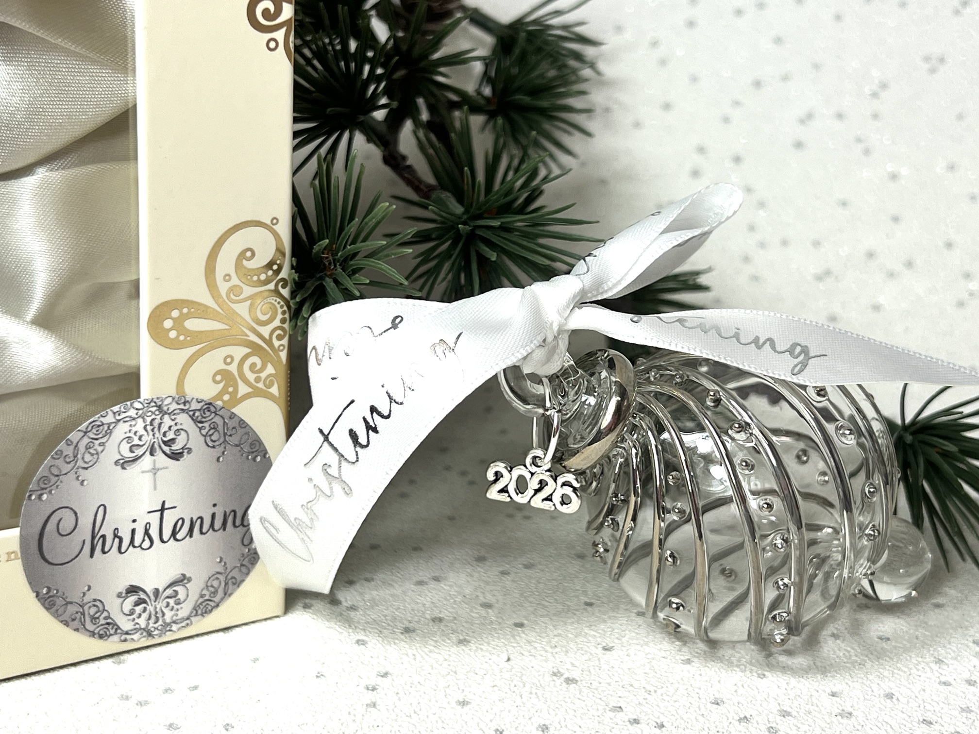 Christening 2026 Diagonal Dot Bauble ~ Silver - Image 2