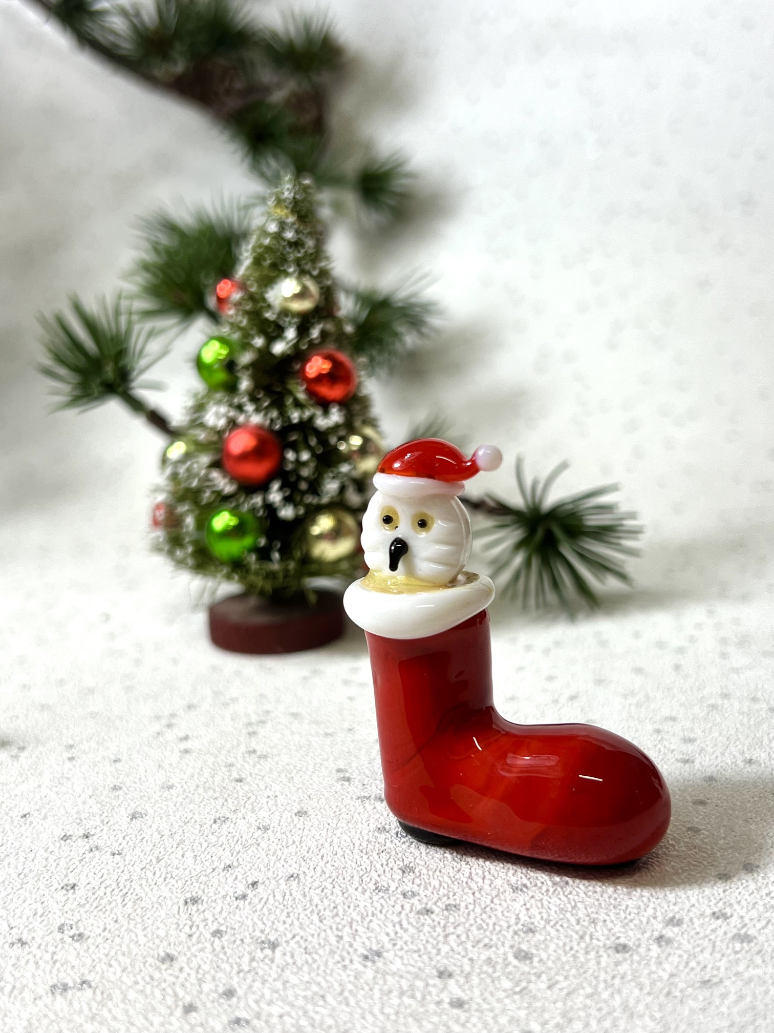 Solid Glass Santa Owl in Stocking Figurine (S) ~ Red/White